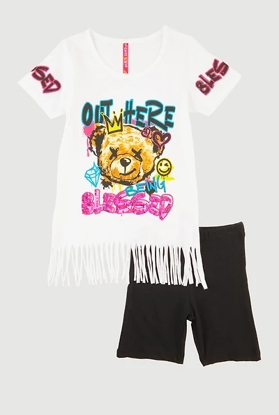 Little Girls Out Here Being Blessed Graphic Fringe Tee and Shorts, White, Size 6X