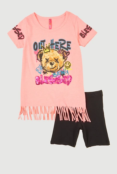 Little Girls Out Here Being Blessed Graphic Fringe Tee and Shorts, Pink, Size 6X