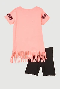Little Girls Out Here Being Blessed Graphic Fringe Tee and Shorts, Pink, Size 6X