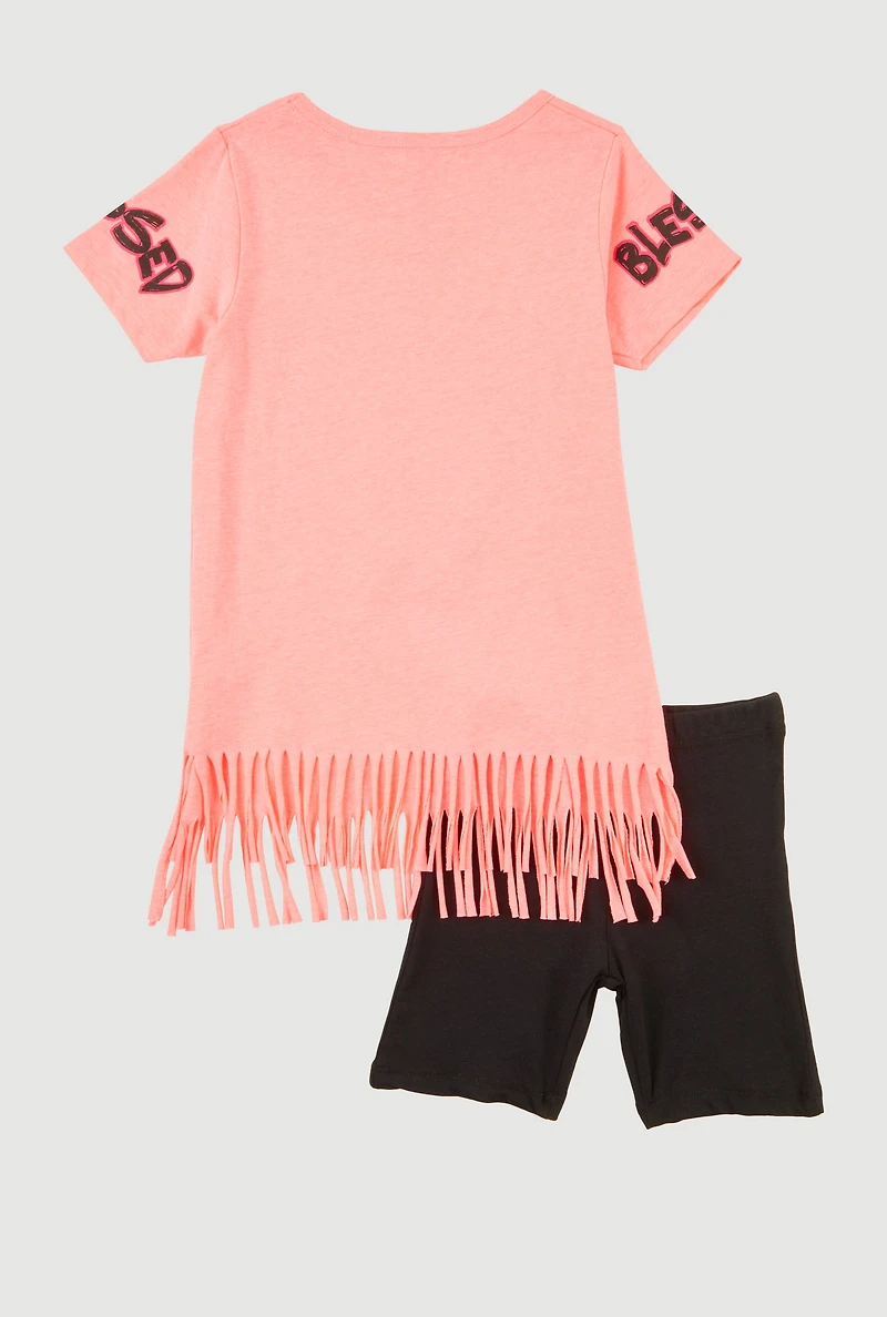 Little Girls Out Here Being Blessed Graphic Fringe Tee and Shorts, Pink, Size 5-6