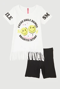 Little Girls Smile Sequin Graphic Fringe Tee and Shorts
