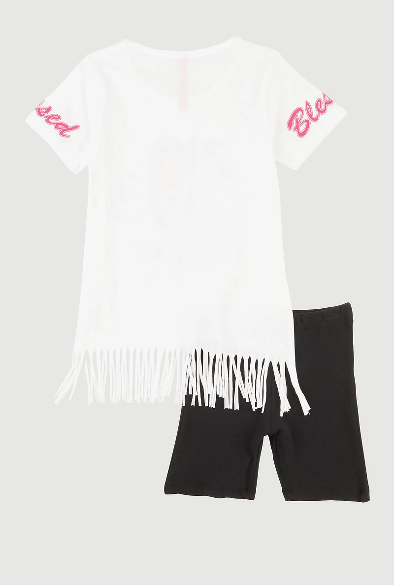 Little Girls Living My Blessed Life Graphic Fringe Tee and Shorts