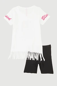 Little Girls Living My Blessed Life Graphic Fringe Tee and Shorts