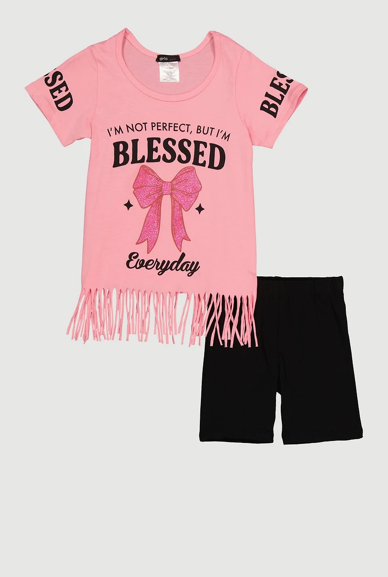 Little Girls Blessed Glitter Graphic Fringe Tee and Shorts