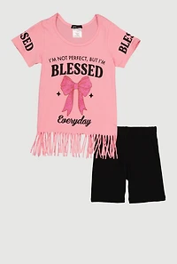 Little Girls Blessed Glitter Graphic Fringe Tee and Shorts