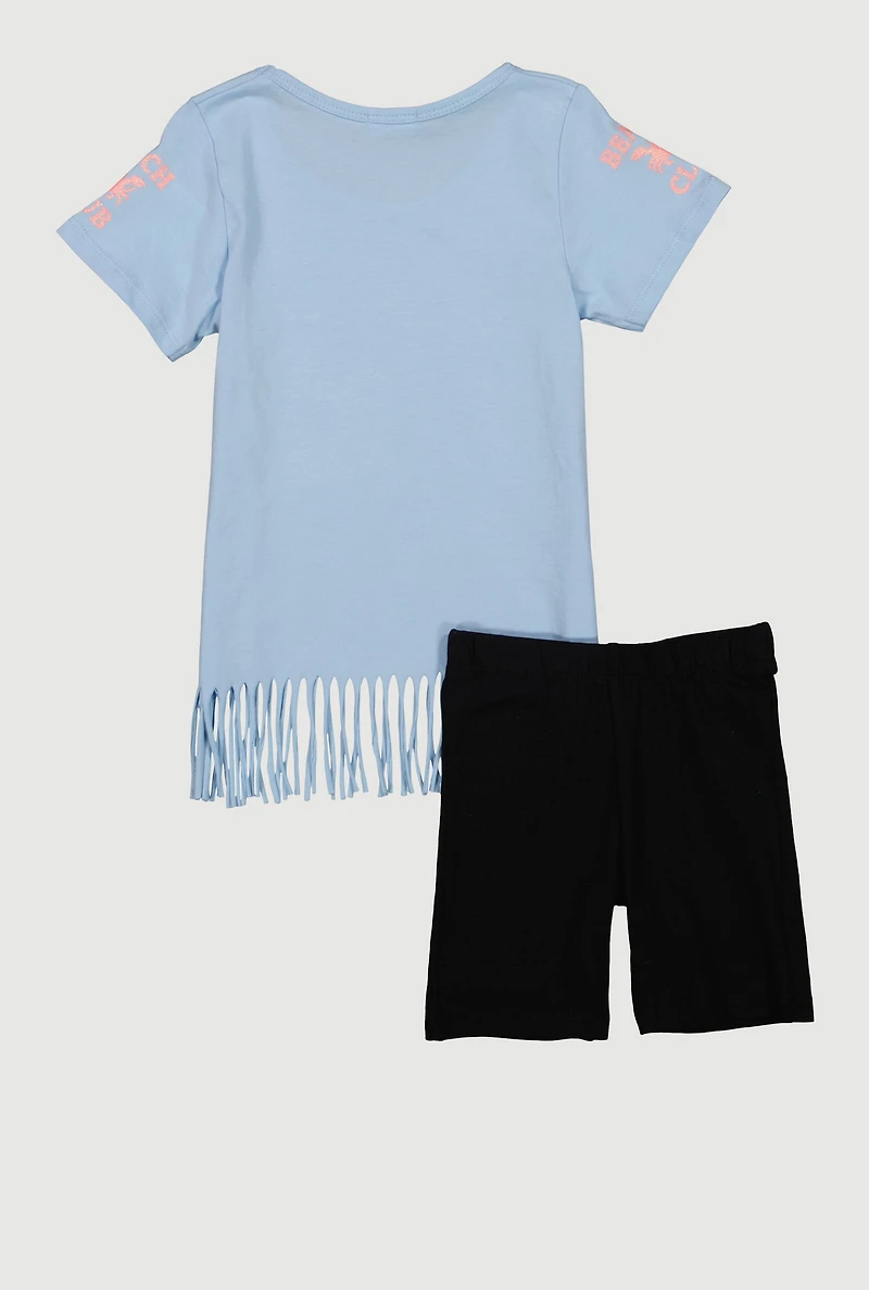 Little Girls Beach Club Graphic Fringe Tee and Bike Shorts