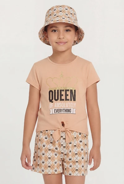 Little Girls Queen Graphic Tee and Shorts with Bucket Hat