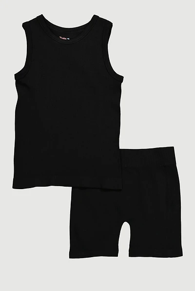 Little Girls Trendy Seamless Rib Knit Tank Top and Bike Shorts Set