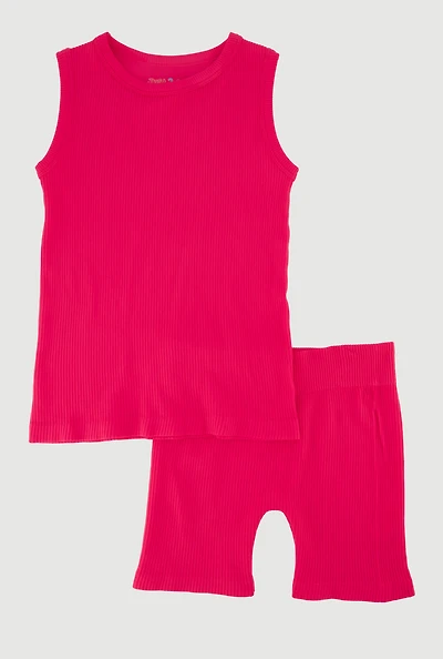 Little Girls Trendy Seamless Rib Knit Tank Top and Bike Shorts Set, Pink, Size 6X