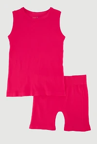 Little Girls Trendy Seamless Rib Knit Tank Top and Bike Shorts Set, Pink, Size 6X