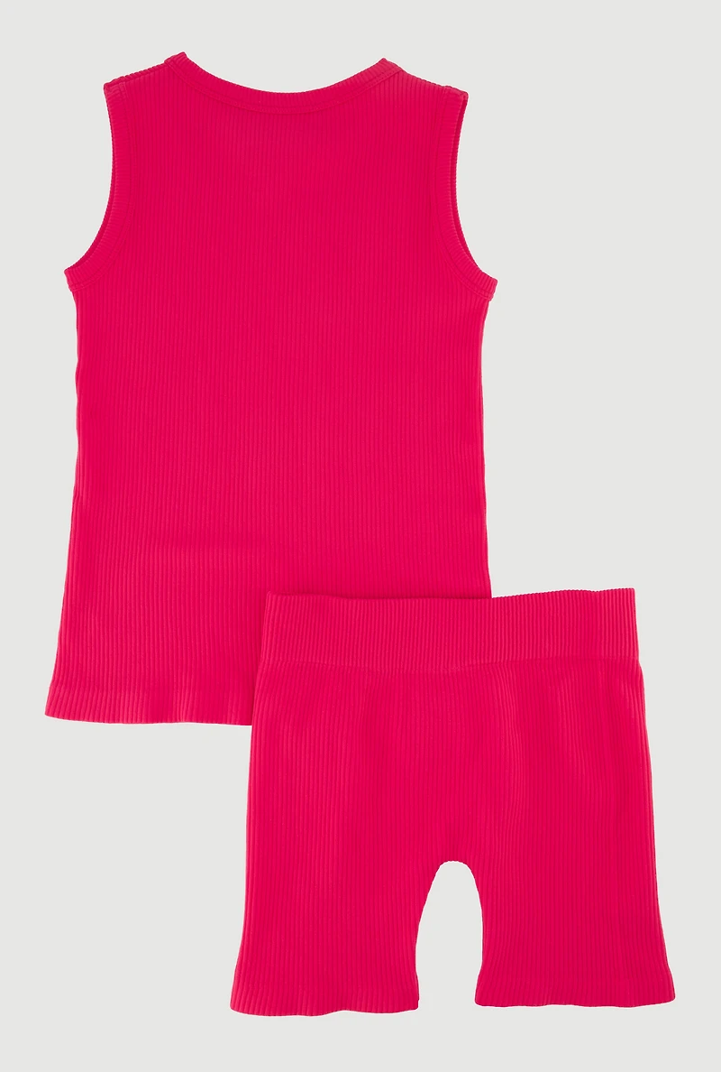 Little Girls Trendy Seamless Rib Knit Tank Top and Bike Shorts Set, Pink, Size 6X