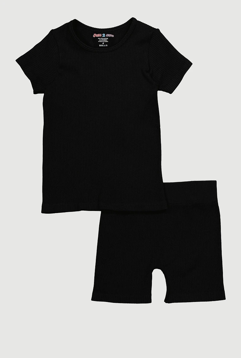 Little Girls Seamless Ribbed Knit Tee and Biker Shorts Set, Black, Size 6X
