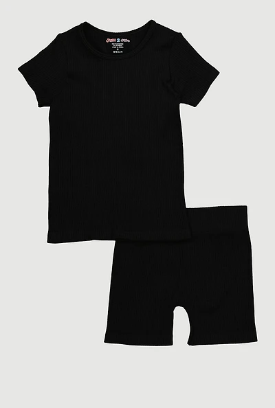 Little Girls Seamless Ribbed Knit Tee and Biker Shorts Set, Black, Size 6X