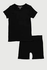 Little Girls Seamless Ribbed Knit Tee and Biker Shorts Set, Black, Size 6X