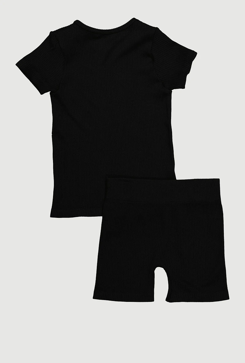 Little Girls Seamless Ribbed Knit Tee and Biker Shorts Set, 4