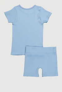 Little Girls Seamless Ribbed Knit Tee and Biker Shorts Set, Blue,