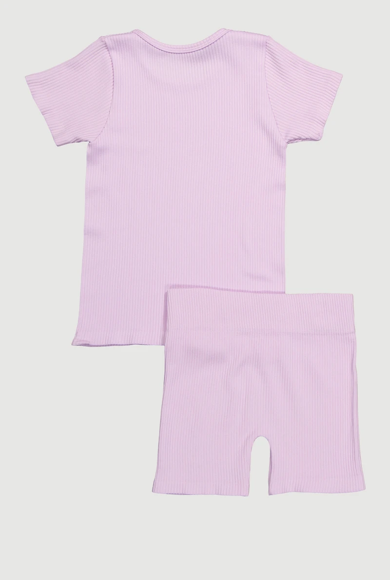 Little Girls Seamless Ribbed Knit Tee and Biker Shorts Set, Purple,
