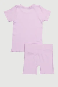 Little Girls Seamless Ribbed Knit Tee and Biker Shorts Set, Purple,