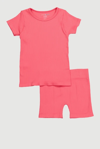 Little Girls Seamless Ribbed Knit Tee and Biker Shorts Set, Pink, Size 6X
