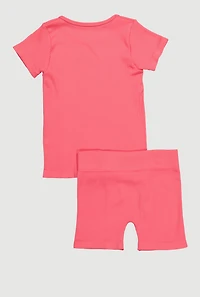 Little Girls Seamless Ribbed Knit Tee and Biker Shorts Set, Pink, Size 6X