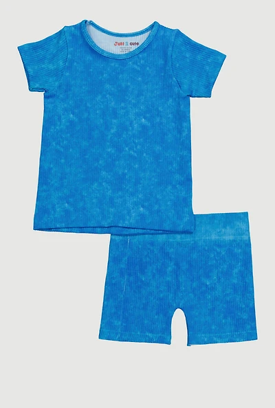 Little Girls Acid Wash Seamless Ribbed Knit Tee and Biker Shorts Set,