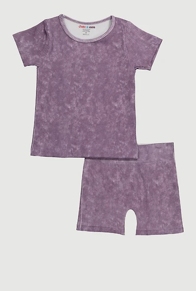 Little Girls Acid Wash Seamless Ribbed Knit Tee and Biker Shorts Set, Purple, Size 4