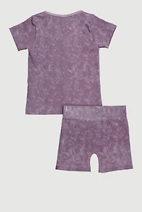Little Girls Acid Wash Seamless Ribbed Knit Tee and Biker Shorts Set, Purple, Size 4