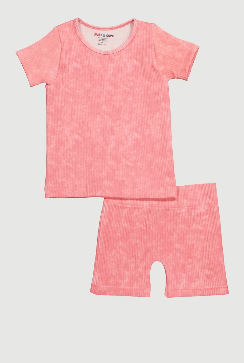 Little Girls Acid Wash Seamless Ribbed Knit Tee and Biker Shorts Set, Pink,