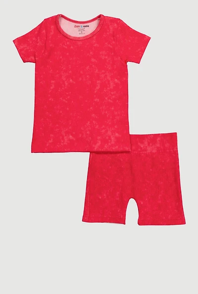 Little Girls Acid Wash Seamless Ribbed Knit Tee and Biker Shorts Set, Pink,