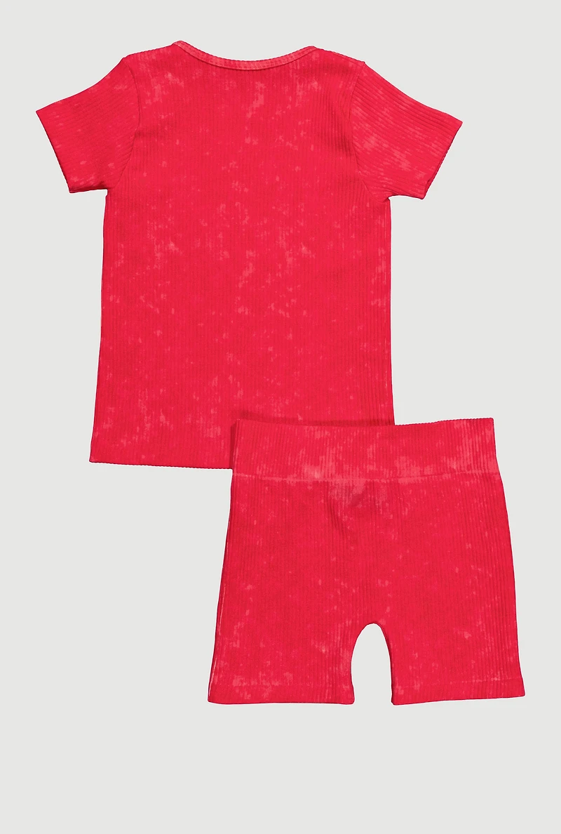 Little Girls Acid Wash Seamless Ribbed Knit Tee and Biker Shorts Set, Pink, Size 4