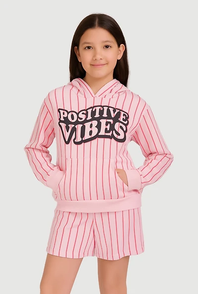 Girls Positive Vibes Striped Graphic Hoodie and Sweatshorts