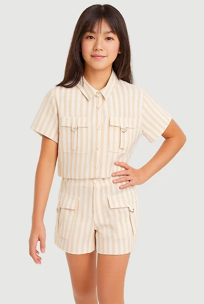 Girls Lurex Striped Shirt and Cargo Shorts, Beige, Size 10-12