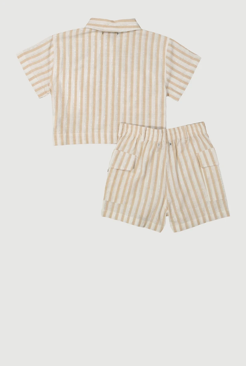 Girls Lurex Striped Shirt and Cargo Shorts, Beige, Size 10-12