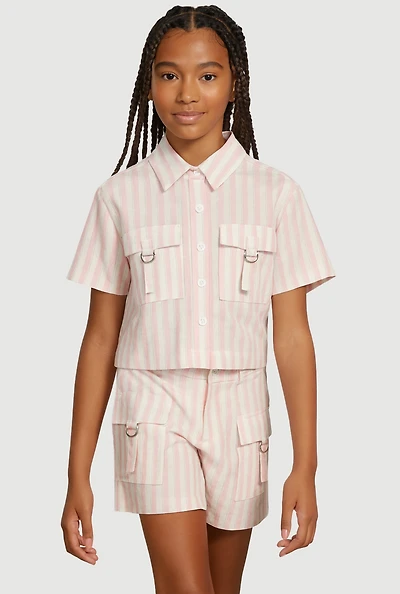 Girls Lurex Striped Shirt and Cargo Shorts, Pink, Size 10-12