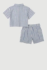 Girls Lurex Striped Shirt and Cargo Shorts, Blue, Size 7-8