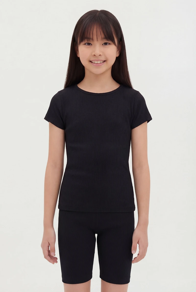 Girls Seamless Rib Knit Top and Biker Shorts