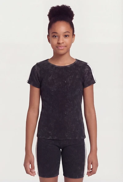 Girls Varsity Stripe Acid Wash Rib Knit Tee and Biker Shorts