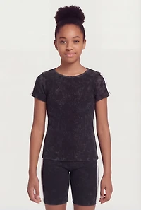 Girls Varsity Stripe Acid Wash Rib Knit Tee and Biker Shorts