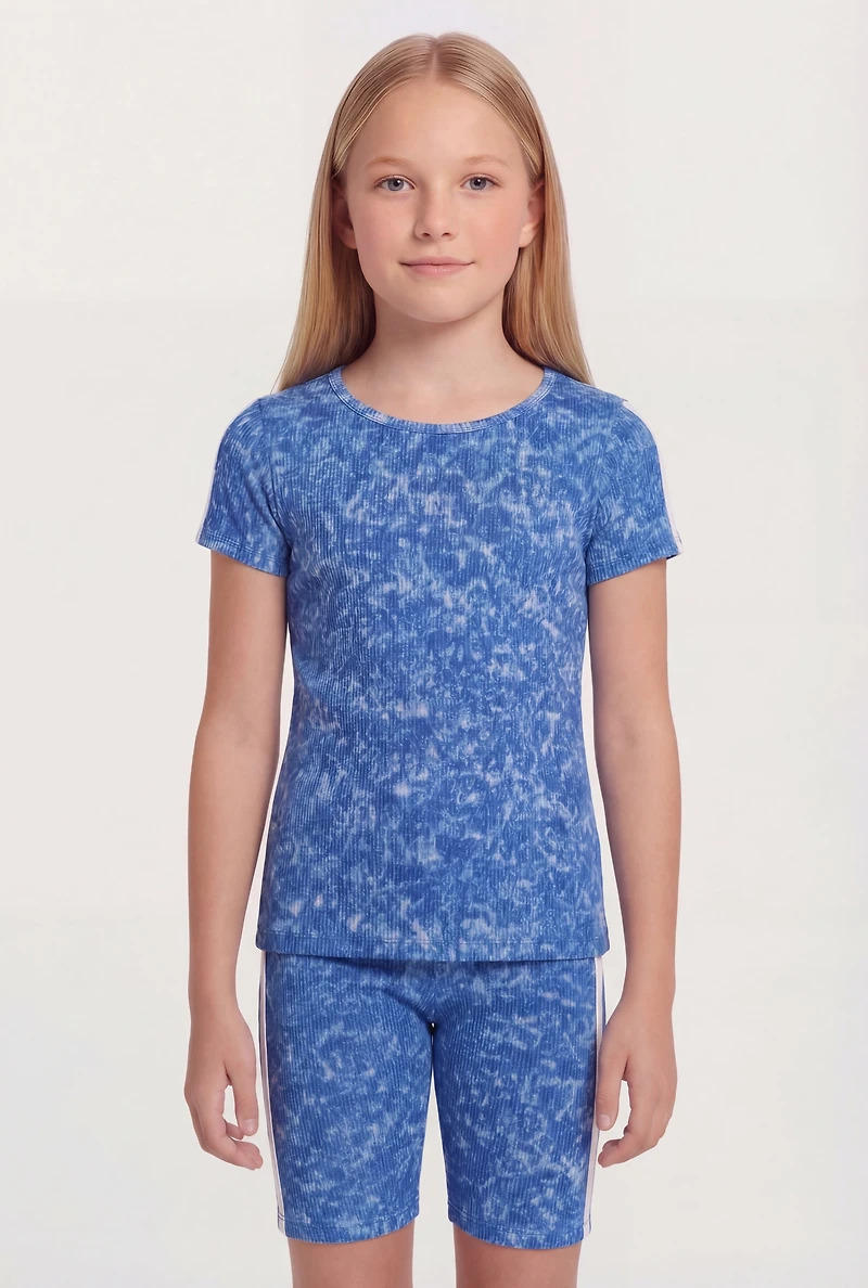 Girls Varsity Stripe Acid Wash Rib Knit Tee and Biker Shorts