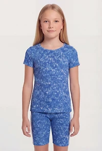 Girls Varsity Stripe Acid Wash Rib Knit Tee and Biker Shorts