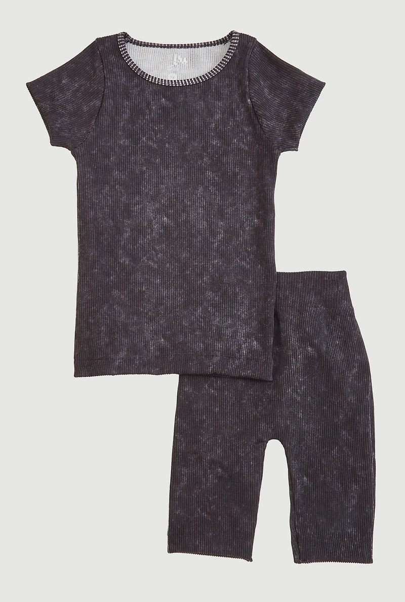 Girls Acid Wash Ribbed Knit Seamless Top and Bike Shorts