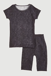Girls Acid Wash Ribbed Knit Seamless Top and Bike Shorts