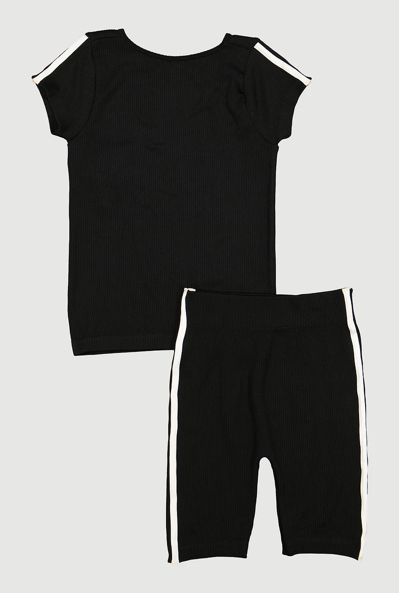 Girls Seamless Varsity Stripe Rib Knit Tee and Biker Shorts