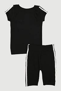 Girls Seamless Varsity Stripe Rib Knit Tee and Biker Shorts