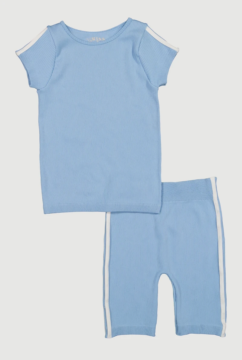 Girls Seamless Varsity Stripe Rib Knit Tee and Biker Shorts