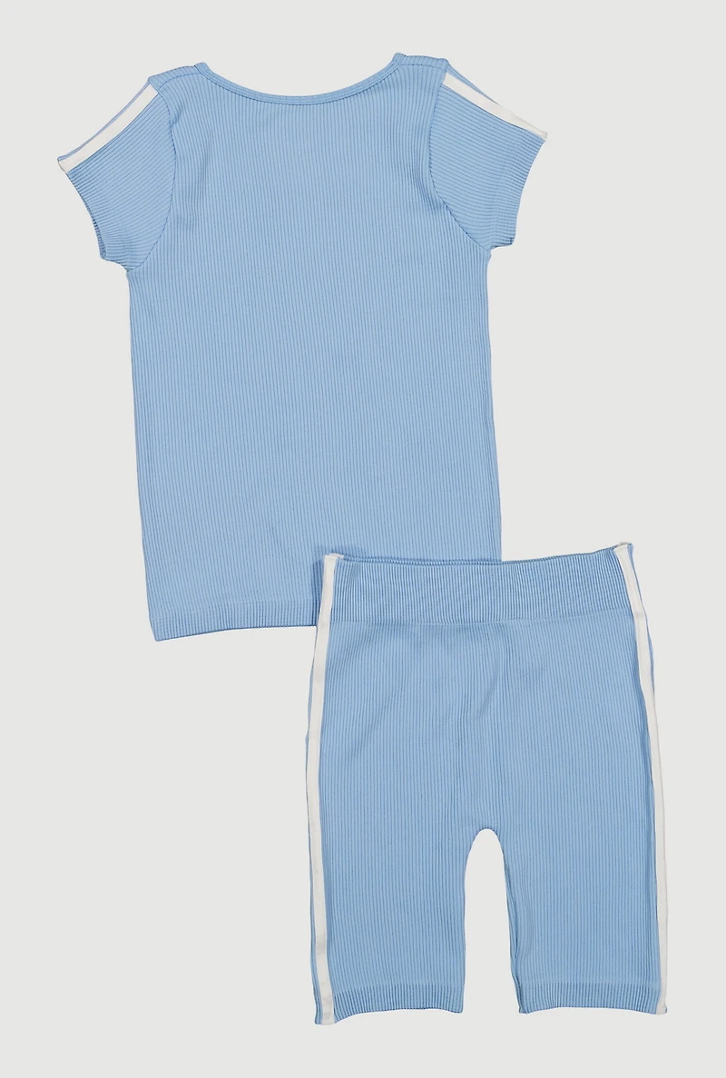 Girls Seamless Varsity Stripe Rib Knit Tee and Biker Shorts