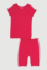 Girls Seamless Varsity Stripe Rib Knit Tee and Biker Shorts