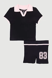 Girls Contrast Trim Seamless Polo Top and Graphic Bike Shorts