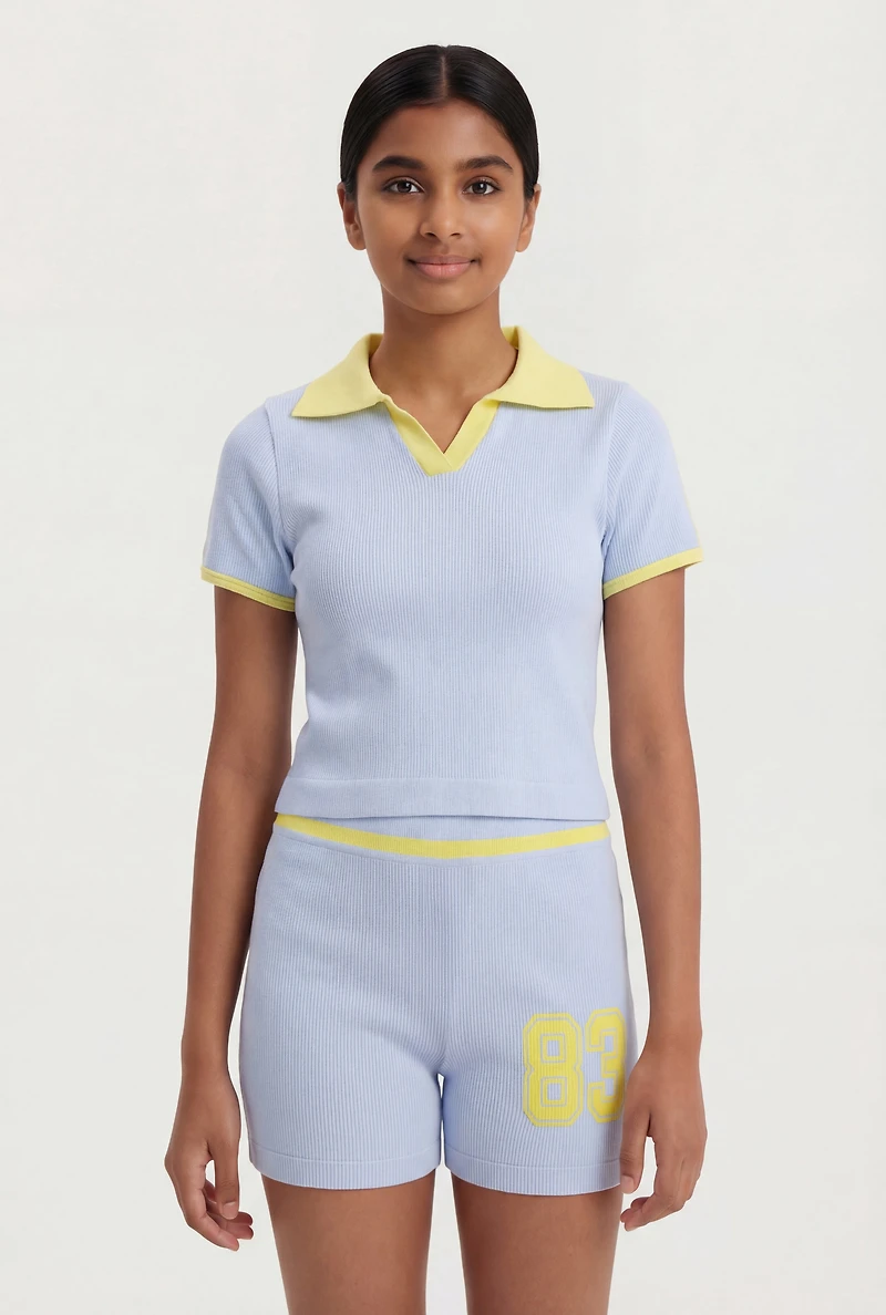 Girls Contrast Trim Seamless Polo Top and Graphic Bike Shorts