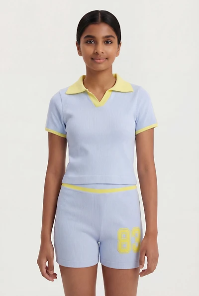 Girls Contrast Trim Seamless Polo Top and Graphic Bike Shorts